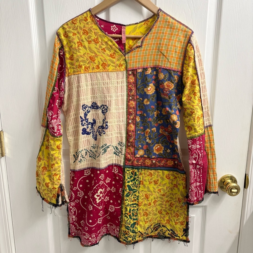 Patchwork Blouse Boho Tunic Womens Medium Long Sleeve Bright Colorful